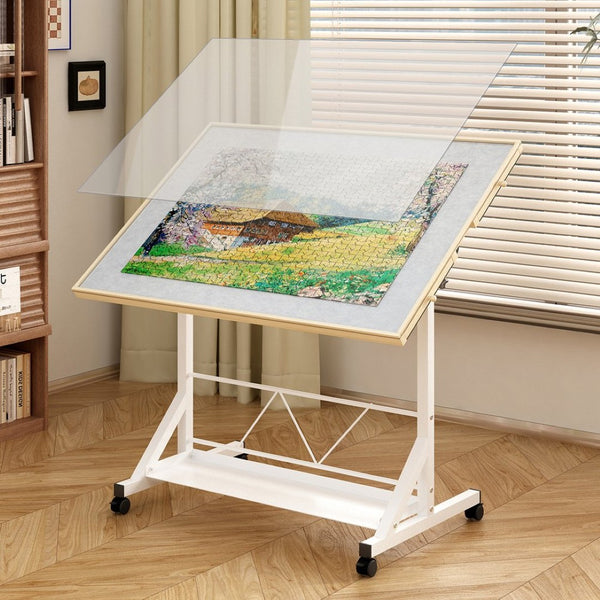 English Elm (white) Wooden Puzzle Table with Drawers Tilting Top Wheels and Protective Cover W2641P442535