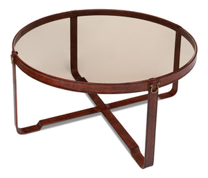 Sarreid Harness Round Coffee Table - Chic Smoke Glass Top With Brass Handles & Brown Antiqued Leather Base Brown  29906