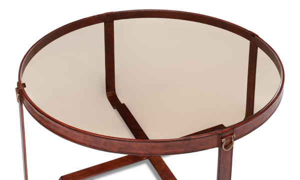 Sarreid Harness Round Coffee Table - Chic Smoke Glass Top With Brass Handles & Brown Antiqued Leather Base Brown  29906