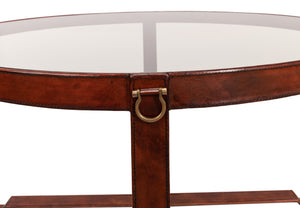 Sarreid Harness Round Coffee Table - Chic Smoke Glass Top With Brass Handles & Brown Antiqued Leather Base Brown  29906