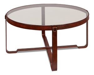 Sarreid Harness Round Coffee Table - Chic Smoke Glass Top With Brass Handles & Brown Antiqued Leather Base Brown  29906