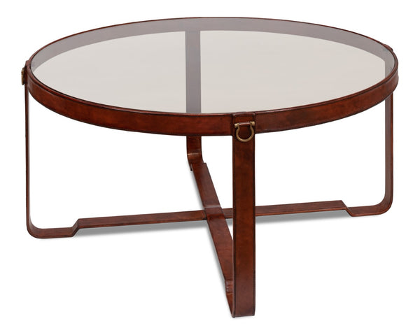 Sarreid Harness Round Coffee Table - Chic Smoke Glass Top With Brass Handles & Brown Antiqued Leather Base Brown  29906