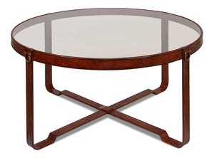 Sarreid Harness Round Coffee Table - Chic Smoke Glass Top With Brass Handles & Brown Antiqued Leather Base Brown  29906