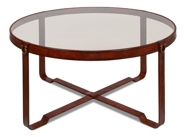 Sarreid Harness Round Coffee Table - Chic Smoke Glass Top With Brass Handles & Brown Antiqued Leather Base Brown  29906