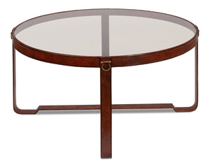 Sarreid Harness Round Coffee Table - Chic Smoke Glass Top With Brass Handles & Brown Antiqued Leather Base Brown  29906