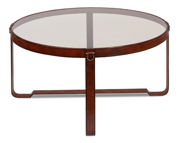 Sarreid Harness Round Coffee Table - Chic Smoke Glass Top With Brass Handles & Brown Antiqued Leather Base Brown  29906