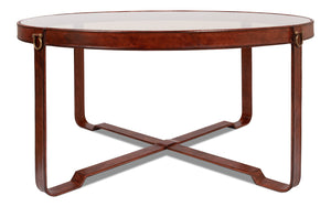 Sarreid Harness Round Coffee Table - Chic Smoke Glass Top With Brass Handles & Brown Antiqued Leather Base Brown  29906