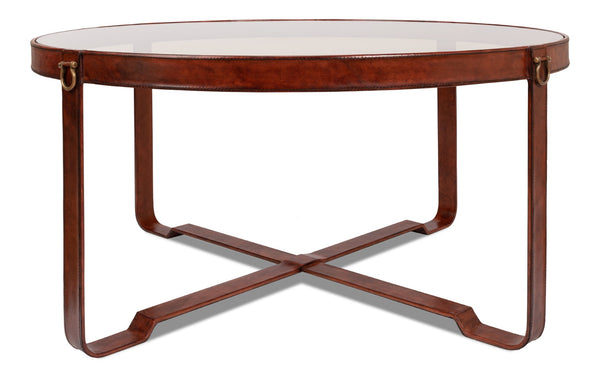 Sarreid Harness Round Coffee Table - Chic Smoke Glass Top With Brass Handles & Brown Antiqued Leather Base Brown  29906
