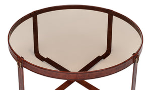 Sarreid Harness Round Coffee Table - Chic Smoke Glass Top With Brass Handles & Brown Antiqued Leather Base Brown  29906