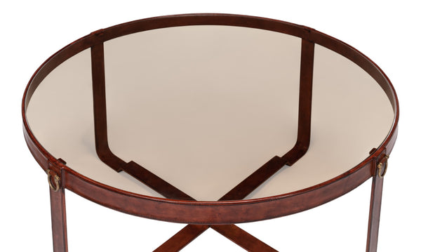 Sarreid Harness Round Coffee Table - Chic Smoke Glass Top With Brass Handles & Brown Antiqued Leather Base Brown  29906