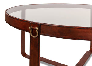Sarreid Harness Round Coffee Table - Chic Smoke Glass Top With Brass Handles & Brown Antiqued Leather Base Brown  29906