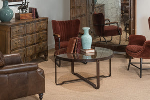 Sarreid Harness Round Coffee Table - Chic Smoke Glass Top With Brass Handles & Brown Antiqued Leather Base Brown  29906