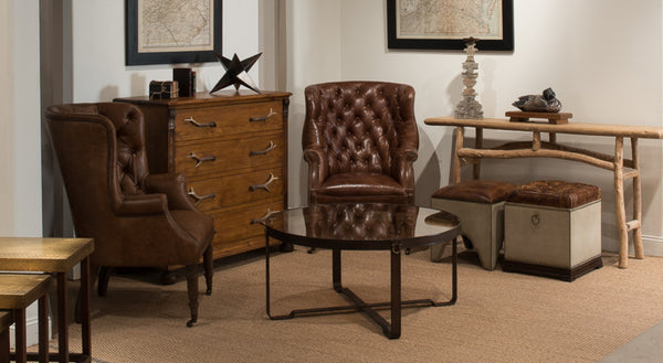 Sarreid Harness Round Coffee Table - Chic Smoke Glass Top With Brass Handles & Brown Antiqued Leather Base Brown  29906