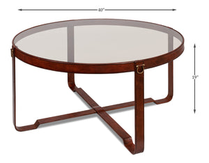 Sarreid Harness Round Coffee Table - Chic Smoke Glass Top With Brass Handles & Brown Antiqued Leather Base Brown  29906
