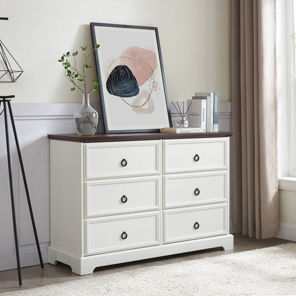 English Elm Modern 6-Drawer Chest of Drawers for Bedroom — Spacious Wooden Dresser with Smooth Glide Drawers, Elegant Patterned Top White W2275P224405