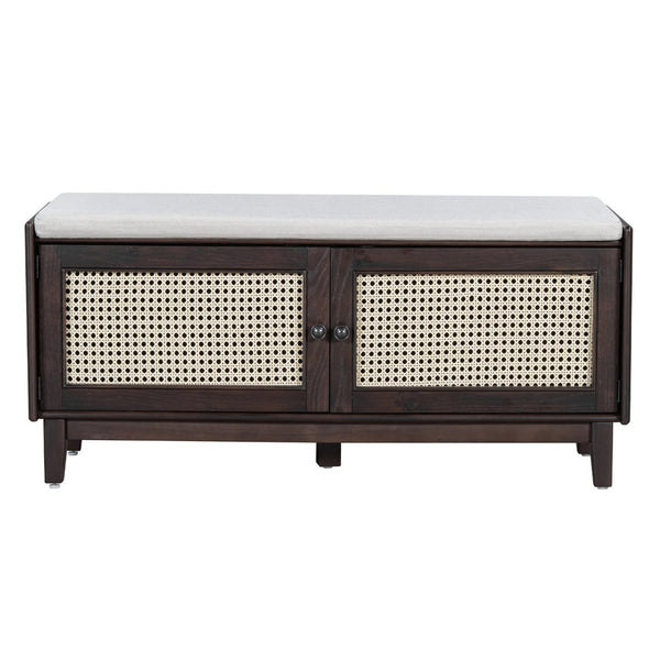 English Elm Trexm Bohemian Rattan Storage Bench Cushioned Seat Shoe Cabinet for Entryway Beige,Espresso N715P308012P