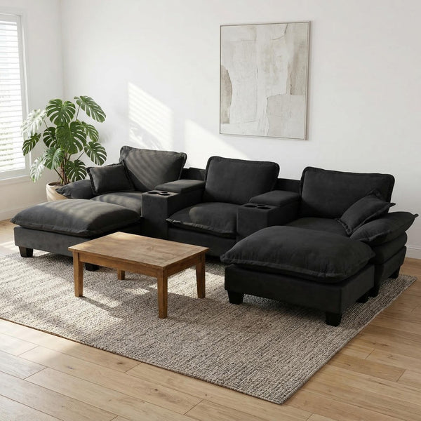 English Elm Modular Cloud Sectional U-shape Chenille Sofa with Storage Ottoman and Usb Charging Black W3163S00129