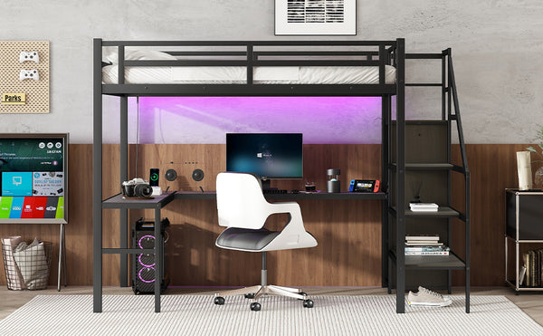 English Elm Full Xl Metal Loft Bed With L-Shaped Desk, Usb Ports & Led Light - Ideal Space-Saving Solution! W1580S00047