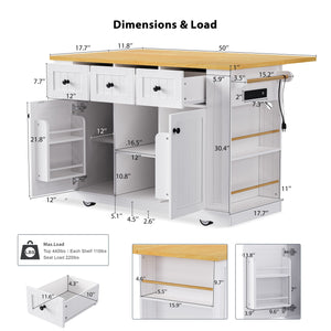 English Elm K&K 53" Large Kitchen Island Cart with Power Outlet, Drop Leaf, Soft-Close Doors, Rolling Storage White N707P185531W