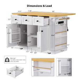 English Elm K&k 53 Inch Rolling Kitchen Island with Drop Leaf Power Outlet and Open Storage Racks White N707S185531W