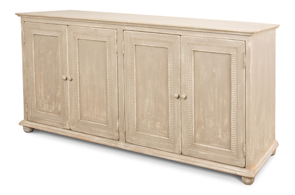 Sarreid Pie Crust Sideboard With 4 Doors & 2 Removable Shelves In Worn Grey Finish – Stylish Storage Solution Beige  29939