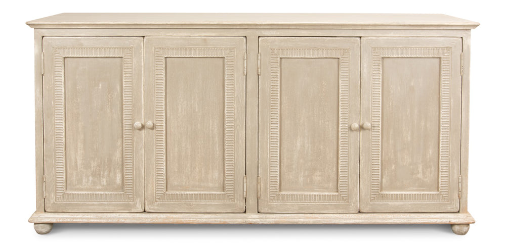 Sarreid Pie Crust Sideboard With 4 Doors & 2 Removable Shelves In Worn Grey Finish – Stylish Storage Solution Beige  29939