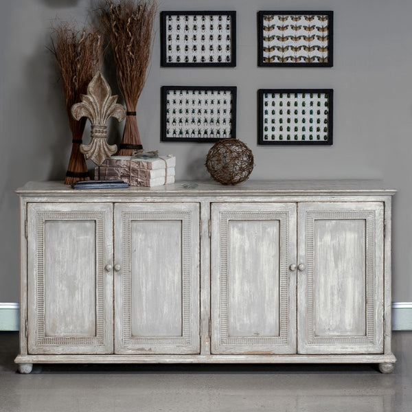 Sarreid Pie Crust Sideboard With 4 Doors & 2 Removable Shelves In Worn Grey Finish – Stylish Storage Solution Beige  29939