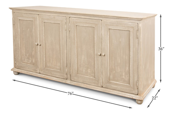 Sarreid Pie Crust Sideboard With 4 Doors & 2 Removable Shelves In Worn Grey Finish – Stylish Storage Solution Beige  29939
