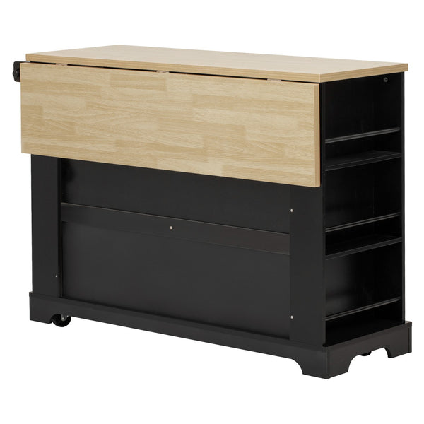 English Elm K&K Rustic Kitchen Island Cart with 6 Drawers, Pull-Out Trash Cabinet, Drop Leaf & Built-In Charging Station Black N707P307292B