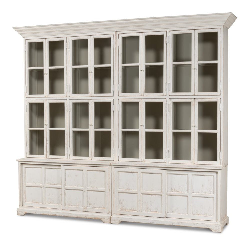 Sarreid Glass Front Bookcase - Stylish Pine Design With 8 Fixed & 2 Removable Shelves In Washed White Finish White  29949