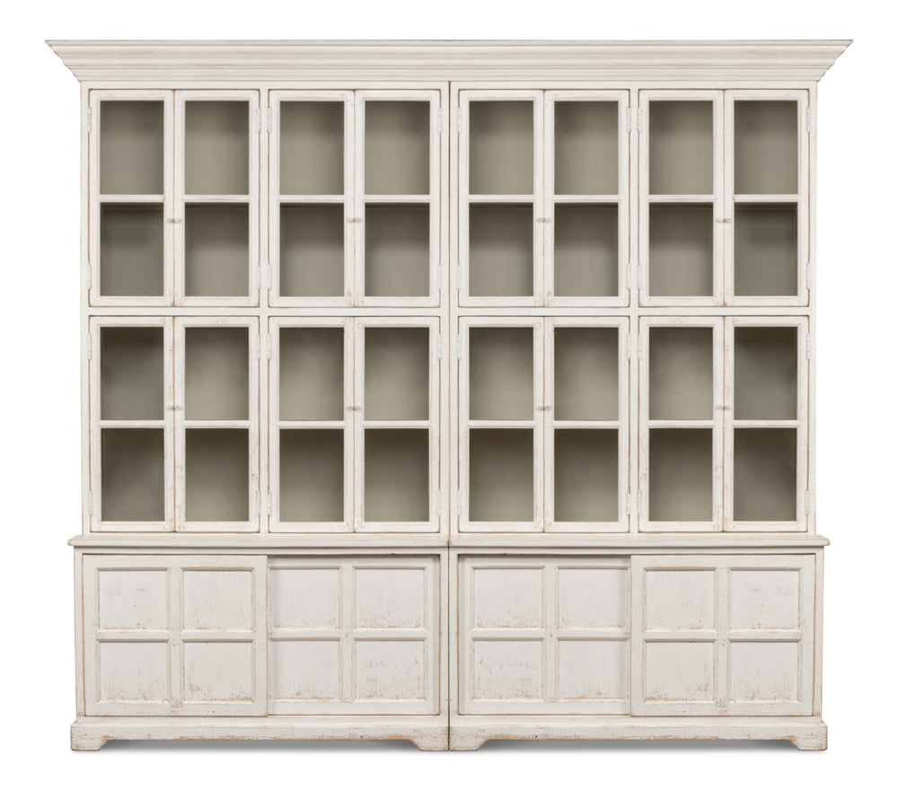 Sarreid Glass Front Bookcase - Stylish Pine Design With 8 Fixed & 2 Removable Shelves In Washed White Finish White  29949