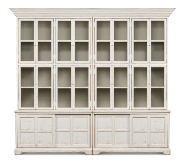 Sarreid Glass Front Bookcase - Stylish Pine Design With 8 Fixed & 2 Removable Shelves In Washed White Finish White  29949