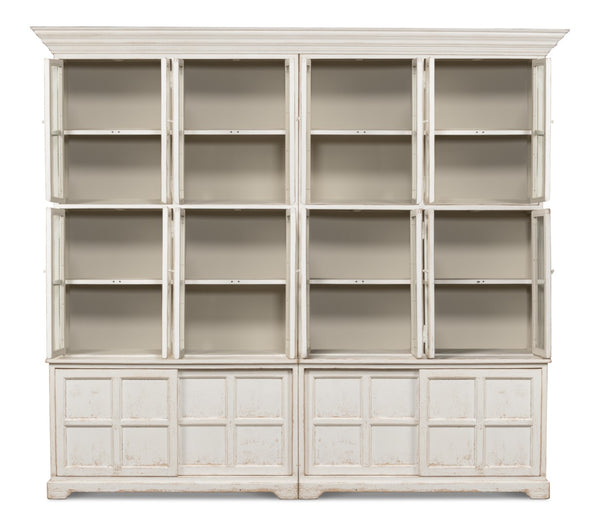 Sarreid Glass Front Bookcase - Stylish Pine Design With 8 Fixed & 2 Removable Shelves In Washed White Finish White  29949