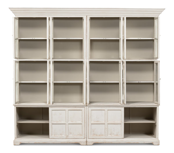 Sarreid Glass Front Bookcase - Stylish Pine Design With 8 Fixed & 2 Removable Shelves In Washed White Finish White  29949