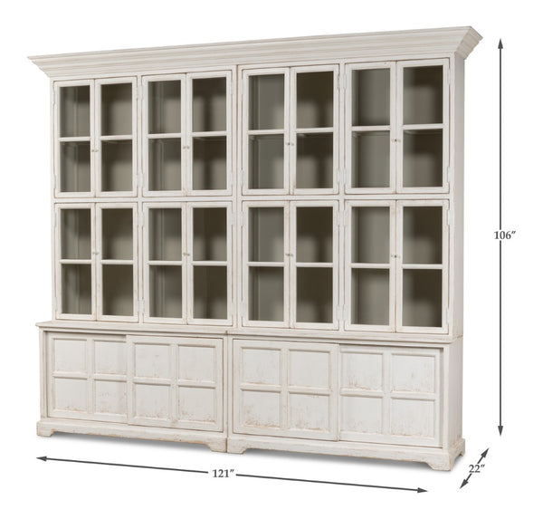 Sarreid Glass Front Bookcase - Stylish Pine Design With 8 Fixed & 2 Removable Shelves In Washed White Finish White  29949
