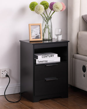 English Elm Nightstand with Drawer | 3-Tier Modern Bedside Table with Hidden Drawer, Open Shelves, Sturdy Build Black 25.9 L x 16.7 W x 5.5 H W3151P345809