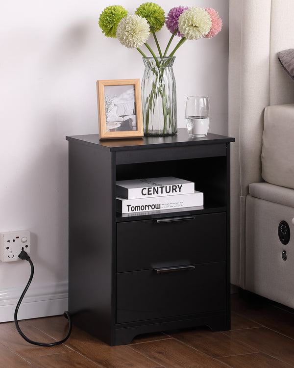English Elm Nightstand with Drawer | 3-Tier Modern Bedside Table with Hidden Drawer, Open Shelves, Sturdy Build Black 25.9 L x 16.7 W x 5.5 H W3151P345809