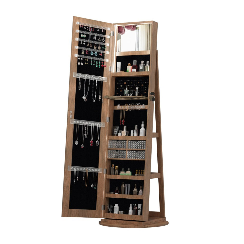 English Elm 360°swivel Jewelry Armoire with Led Interior Full Length Mirror Walnut Finish W3406P422682