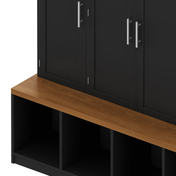 English Elm Wood Entryway Hall Tree with Bench Seating Coat Hooks Shoe Cubbies Cabinet Black W5271S00003