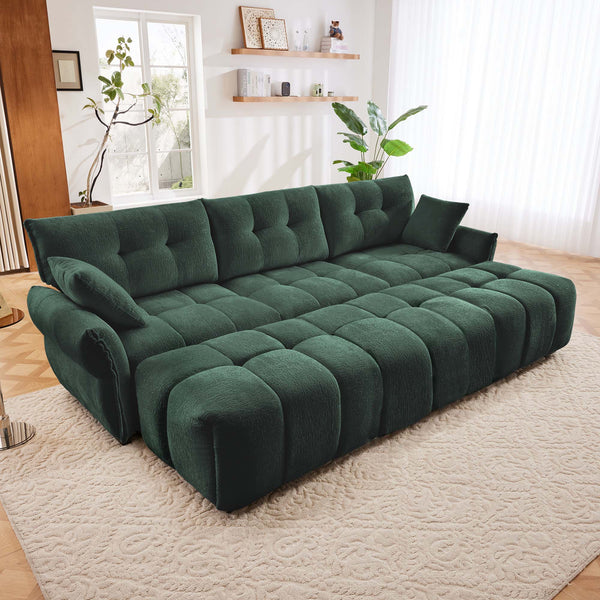 English Elm 3-Seater Sofa Set With 3 Ottomans & Pillows, Elegant Green Chenille, Durable Wood Frame, Versatile Comfort W714S01163