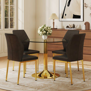 English Elm Table 35" Transparent Round Glass Dining Set With Gold Metal Base & 4 Black Pu High-Resilience Chairs W1151S03702-GIGA