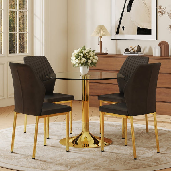 English Elm Table 35" Transparent Round Glass Dining Set With Gold Metal Base & 4 Black Pu High-Resilience Chairs W1151S03702-GIGA
