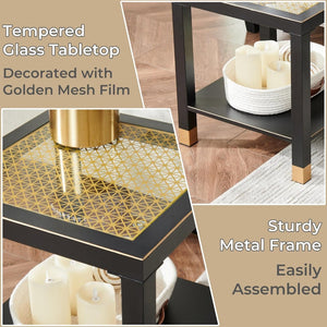English Elm Glass Two Tier Square Side Table with Gold Mesh Tempered Top and Black Metal Frame Black+Gold W3587P456317
