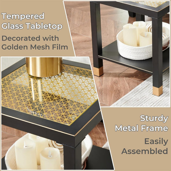 English Elm Glass Two Tier Square Side Table with Gold Mesh Tempered Top and Black Metal Frame Black+Gold W3587P456317