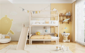 English Elm House-shaped Pine Bunk Bed with Built-in Slide Storage Staircase Twin Over Full Kids Frame Beige+White N820S00082A