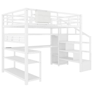 English Elm Full Size Steel Loft Bed with Staircase Storage Wardrobe Desk and Led Lighting White W2593S00059