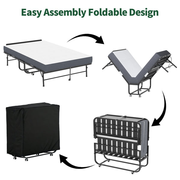 English Elm 75 Inch Rollaway Twin Bed with Memory Foam Mattress Heavy Duty Steel Frame Foldable W2735P425461