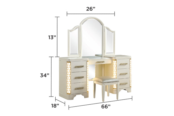 English Elm JASMINE 7-Drawer Vanity Set in Beige with LED Corner Lights, Gold Pulls, Spacious Storage, Elegant 659436068223