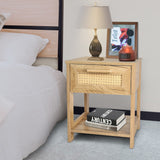 English Elm Nightstand Set Of 2, 2 Drawer Dresser For Bedroom, Small Dresser With 2 Drawers and Two Open Storage Shelf, Bedside Furniture, Night Stand, End Table With Rattan Design, Natural Color