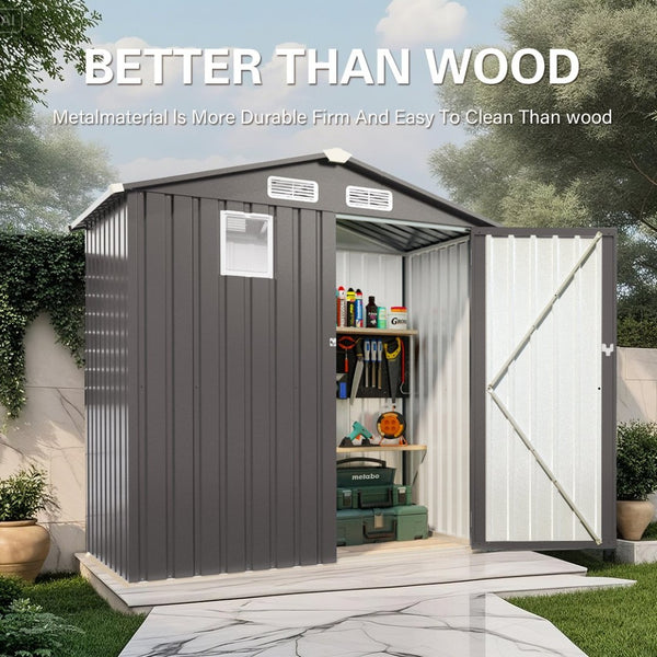 English Elm 6x Galvanized Steel Outdoor Storage Shed with Peaked Roof Skylight and Lockable Door W3213P309350